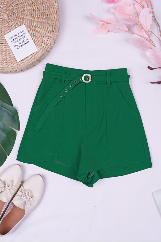Casual Thin Gold Buckle Belt Short Pants (Green)